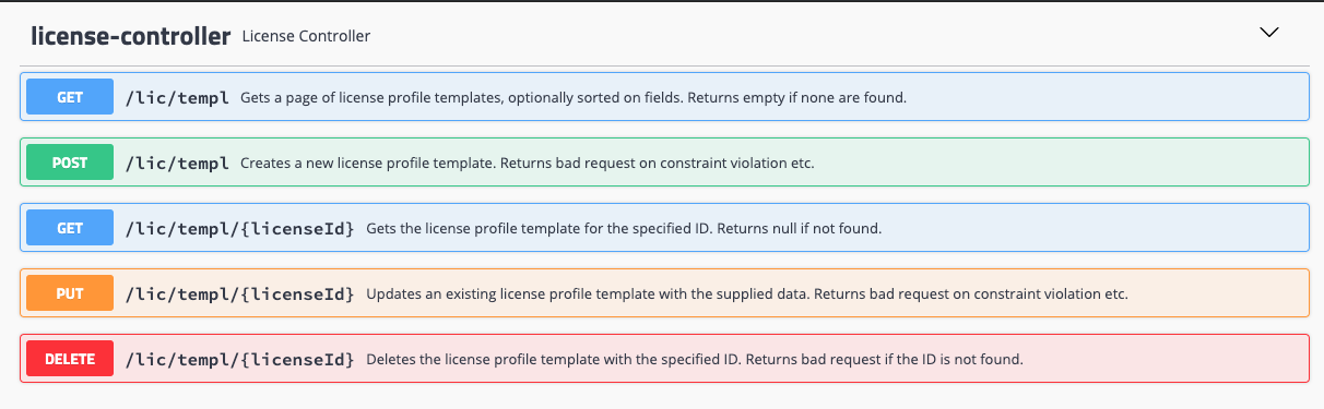 License Controller API - REST endpoints for license template management and CRUD operations