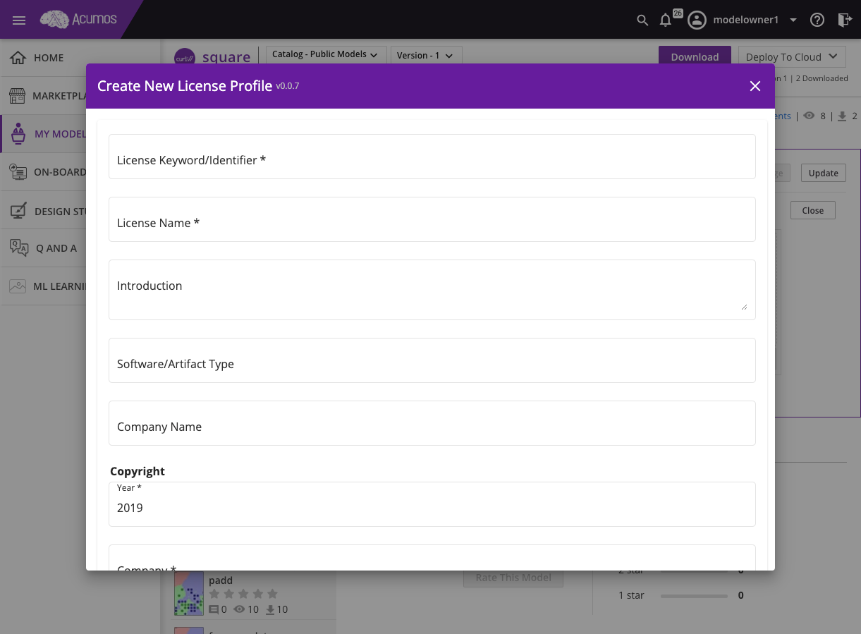 License Profile Editor - Create New License Profile interface with ODRL schema fields