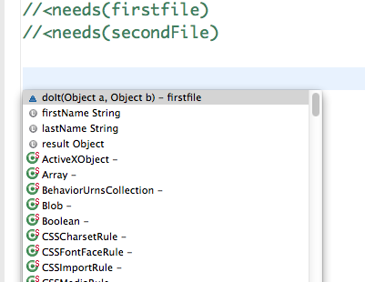 Multi-File Dependencies - Advanced autocomplete showing combined intellisense from multiple JavaScript files using //<needs() syntax